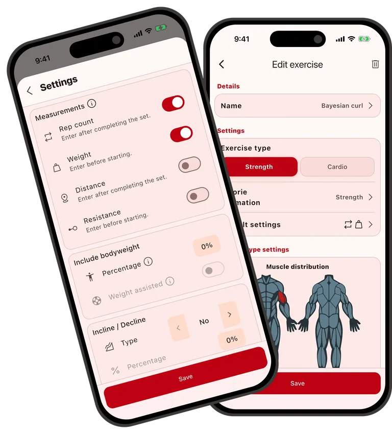 Custom exercises, variations and configurations in FitnX