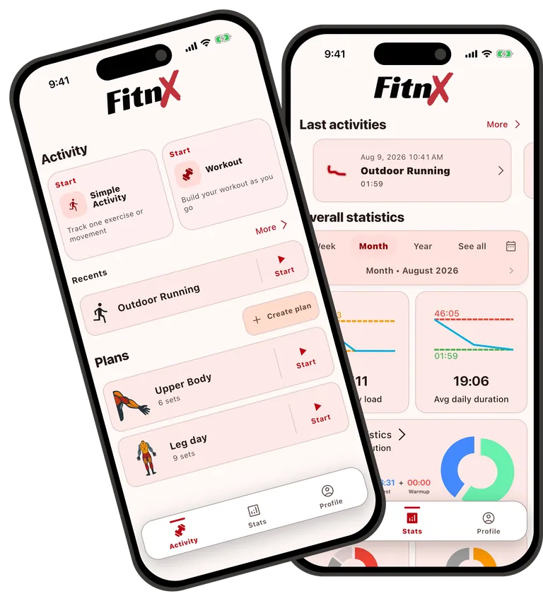 FitnX start, active workout and Statistics screens