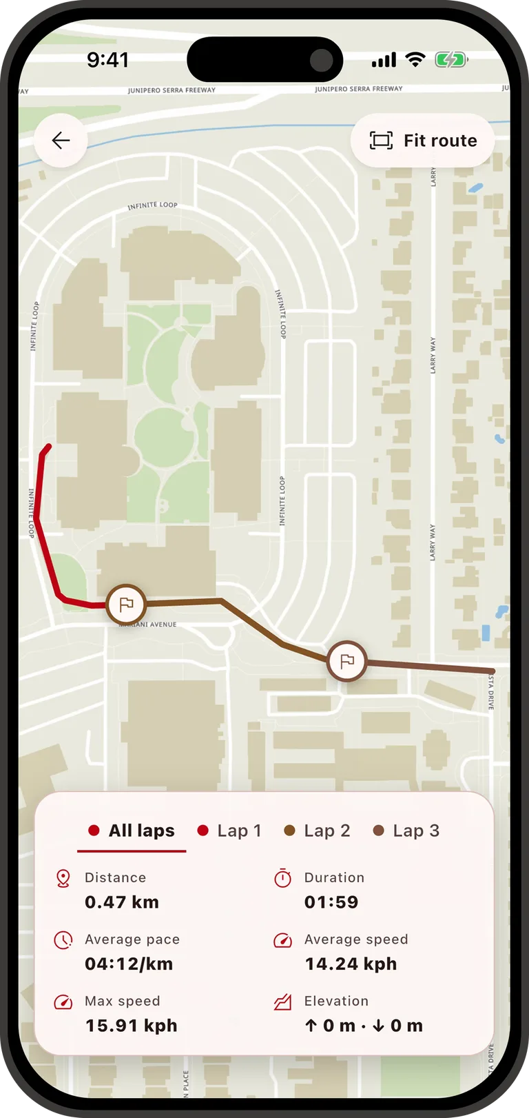 FitnX route map with lap colors, markers and selected-lap results